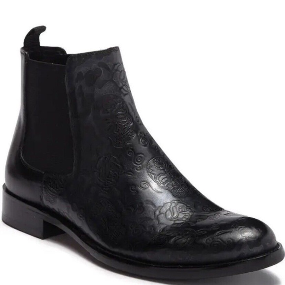 NEW Robert Graham Men’s Dawson Chelsea Boots Embossed Skull Roses Black Leather - Picture 5 of 16